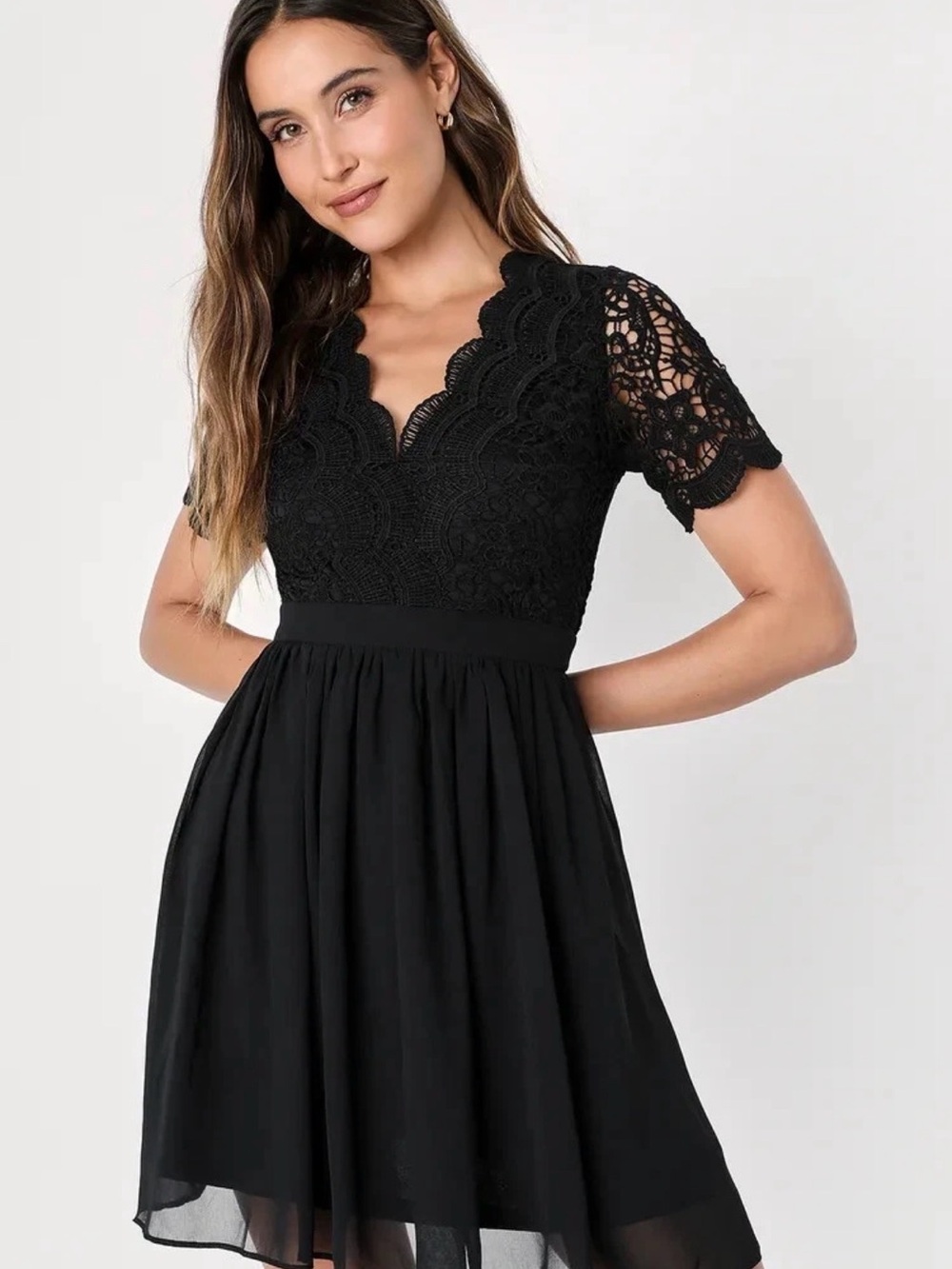 Lulus Angel in Disguise Skater Mini Short Dress Medium Black Floral Scallop Trim
